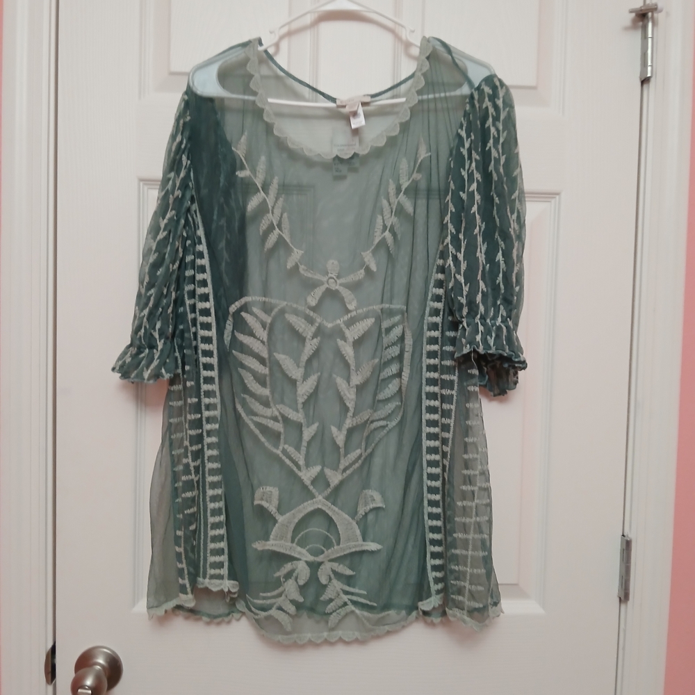 ❗️❗️❗️ 3 FOR 30 BUNDLE ❗️❗️❗️Cato Sheer Teal Blouse with Intricate Patterns